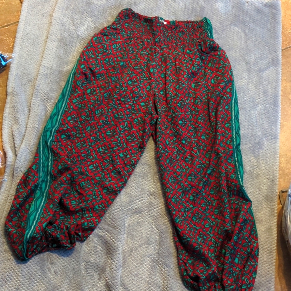 Harem pants red and green.